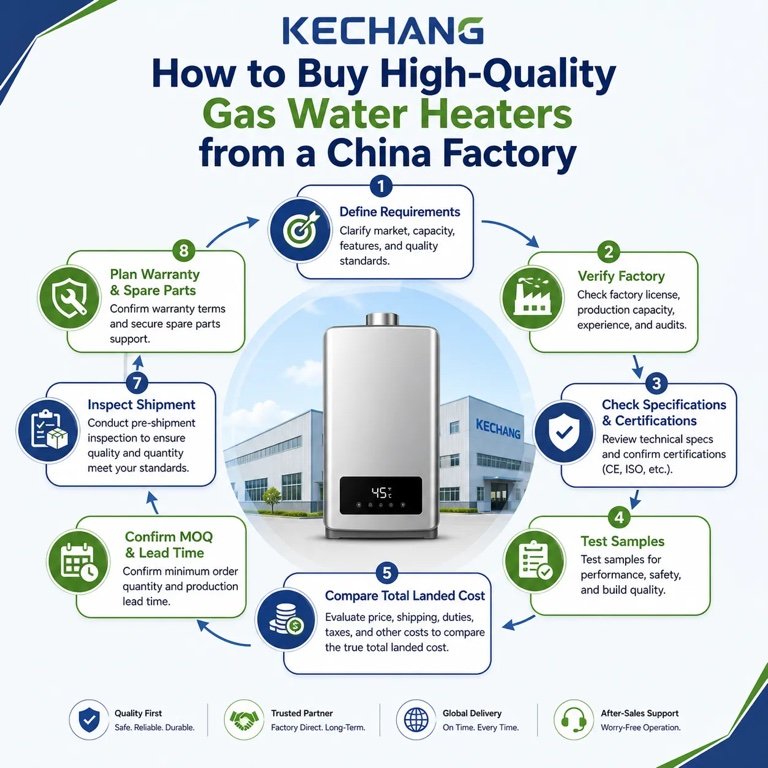 Gas water heater China factory purchasing process infographic